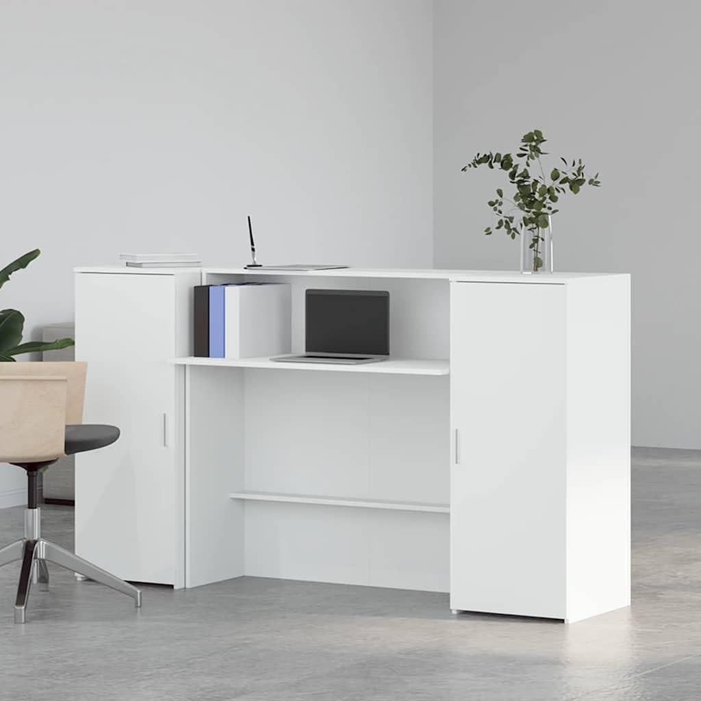 Mesa de recepción blanca 180 x 50 x 103,5 cm, material de madera, moderno mostrador con 2 armarios de almacenamiento y barra para oficina, vestíbulo de hotel, práctica y salón de belleza
