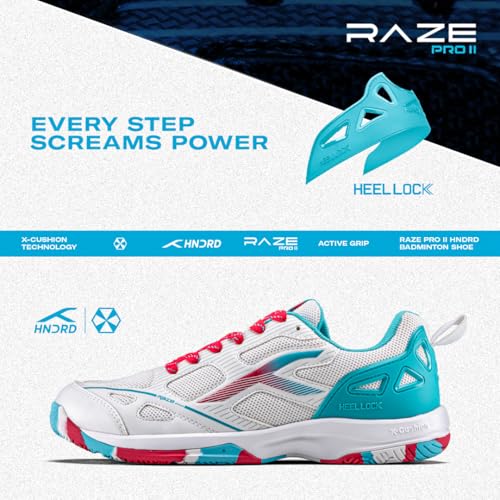 Image of Hundred Raze Pro II Badminton Shoes (Non Marking) Indoor Sports | Lightweight & Durable | X-Cushion | Active Grip Sole | Extended Heel Lock (White /Turquoise /Red ; UK 10)