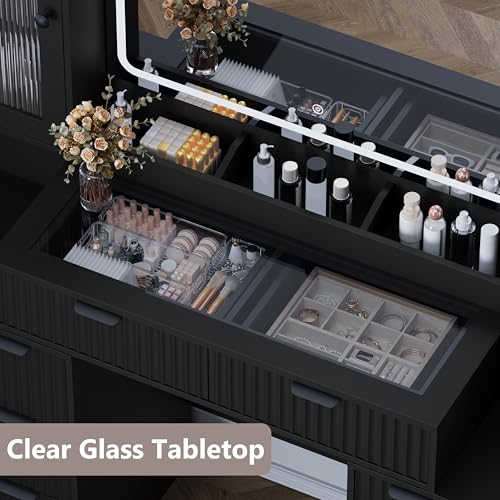 Image of Fluted Makeup Vanity Desk with Mirror and Lights, 55 inch Glass Top Vanity with 8 Drawers & 4 RGB Glass Cabinets, Adjustable Shelves & Power Outlet, Modern Dressing Table Set for Women Girls Bedroom
