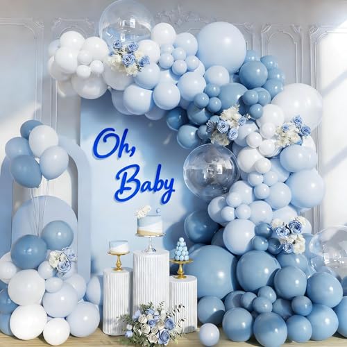 162pcs Dusty Blue Balloon Arch Kit Dusty Blue and White Balloon Garland Arch Kit with Baby blue Light Blue and Clear Balloon for Baby Shower Birthday Bridal Shower Wedding Gender Reveal Party Supplies