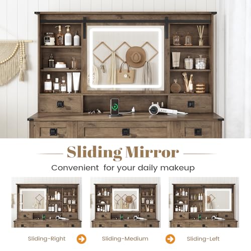 Image of AOGLLATI Farmhouse Makeup Vanity Desk with Lights & Charging Station,Vanity Desk with Mirror and Lights, 47.2 inch Large Brown Vanity Table with Ample Storage Space and Sliding Mirror (Oak Brown)