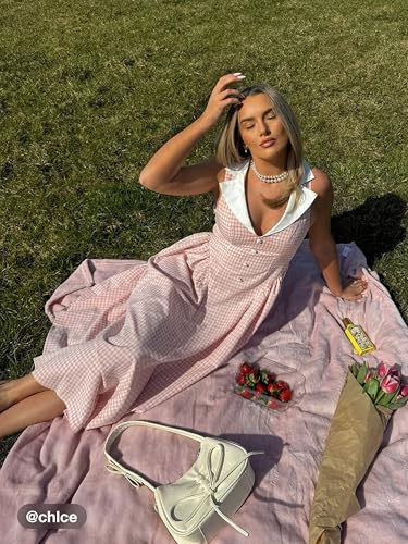 CIDER Gingham Collar Neck Maxi Dress Plaid Vintage Checks Middle Waist Holiday Dress2