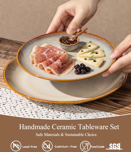 Image of LERATIO Ceramic Dinnerware Sets for 4,16-Piece Reactive Glaze Plates and Bowls Set with Mugs,Highly Chip and Crack Resistant | Dishwasher,Microwave & Oven Safe Dishes set-Kahki