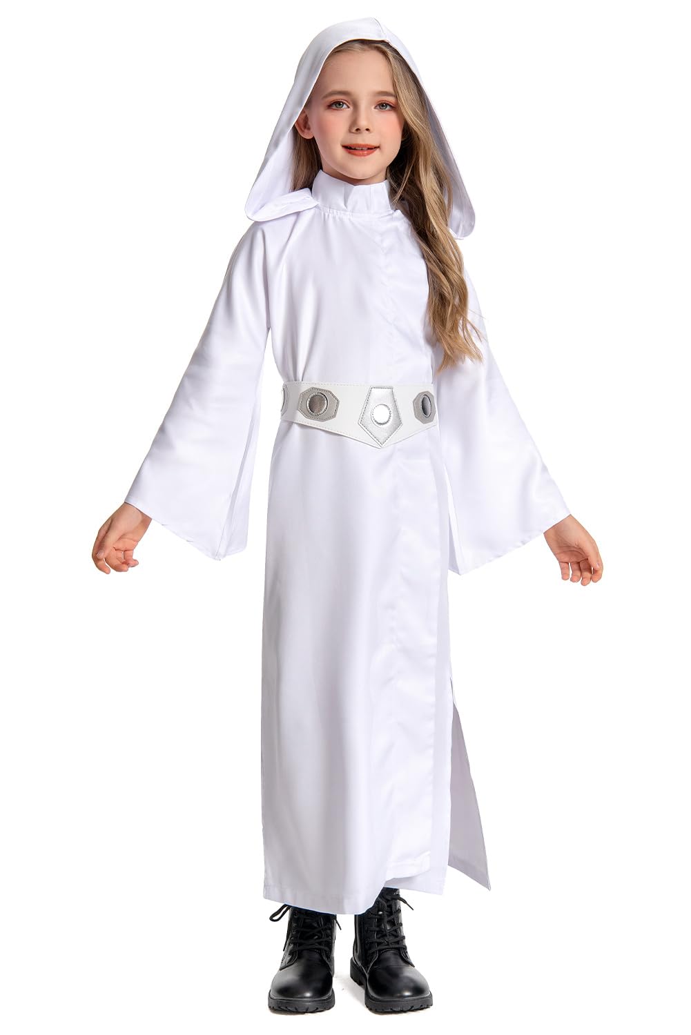 Princess Kids Long Dress Leia Cosplay Costume with Belt White Cloak Halloween Set