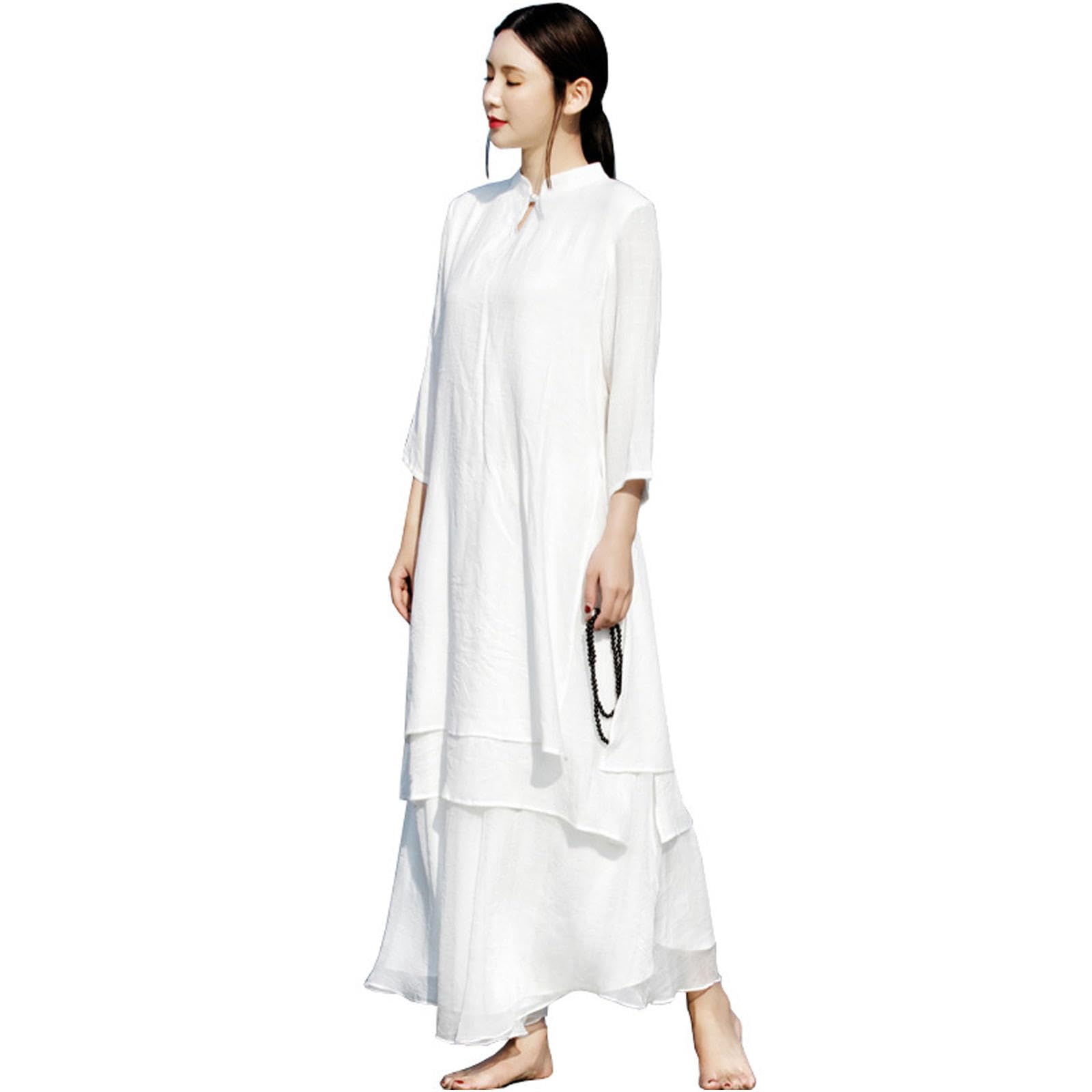 Conjunto de Ropa de Tai Chi para Mujer, Traje Tradicional Chino de Kung Fu, Algodón y Lino, Mangas Tres Cuartos, Uniforme de Artes Marciales para Meditación Zen Wing Chun,White-L