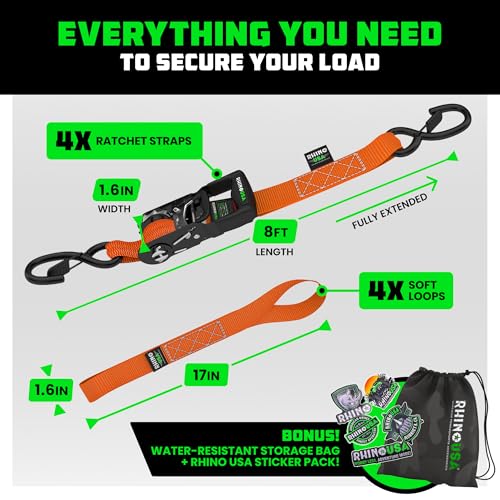 Image of Rhino USA Heavy Duty Ratchet Tie Downs (4-Pack) - 1.6in x 8ft, 5,000lb