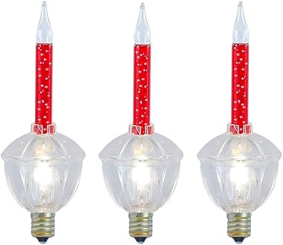 Novelty Lights Replacement Glitter Bubble Lights 3 Pack, Red Liquid with Clear Bases and Bulbs, Vintage Glass Holiday Bulbs with Flowing Glittery Liquid, 5 Watts Each, C7/E12 Base