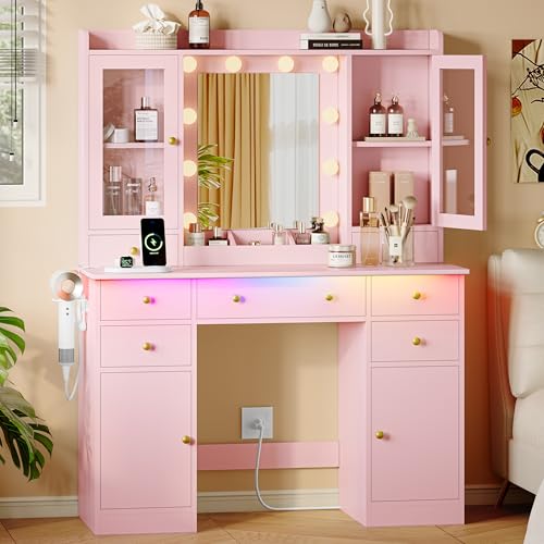 Xixini Makeup Vanity Desk with Mirror and Lights, Pink Vanity Table Set with Storage Drawers, Charging Station & Cabinets, Large Dressing Table with RGB Ambient Light for Women Girls Bedroom Bathroom