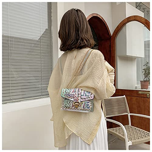 PU Leather Graffiti Shoulder Crossbody Rivet Square Snake-shaped Pattern Chain Bag3