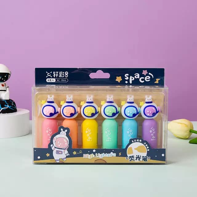 Image of YBN Pack Of 6 Space Astronaut Head Shaped Mini Neon Highlighter Marker Pens For Boys School College Students Chisel Tip Gift Set Space Party Favors, Multi-Coloured