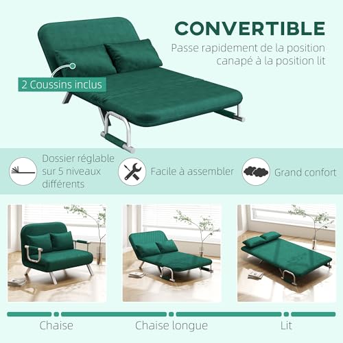 Canapé-lit 2 places vert, dossier 5 positions HOMCOM