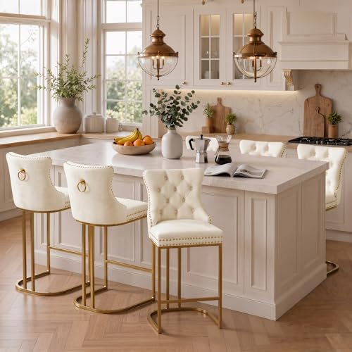 Image of UVV Counter Height Bar Stools Set of 2, 26 inch Modern Barstools with Back, Velvet Upholstery Counter Chairs with Metal Legs for Kitchen Island, Bar, Counter, Beige