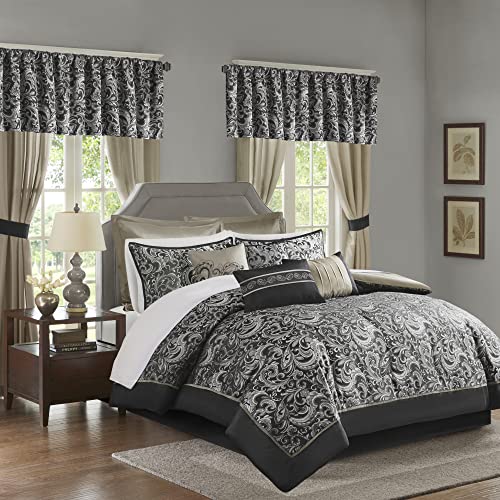 Image of Madison Park Essentials Brystol 24 Piece Room in a Bag Faux Silk Comforter Jacquard Paisley Design Matching Curtains Down Alternative All Season Bedding-Set, Black 24 Piece, King(104 in x 92 in)