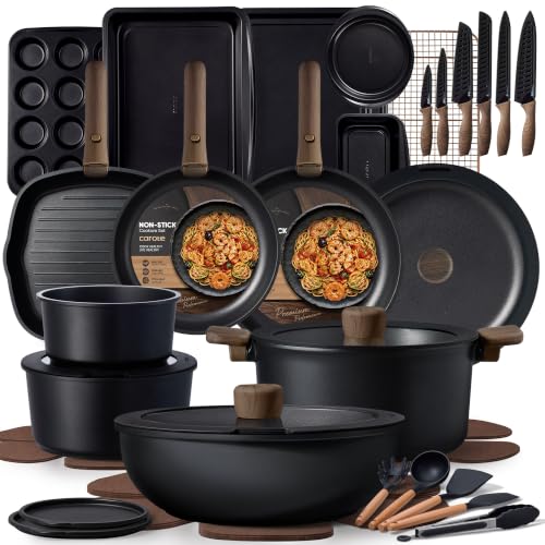 Image of CAROTE 47pcs Pots and Pans Set Non Stick, Detachable Handle Cookware Set | Baking Pans Set, Knife Set, Induction Compatible, Dishwasher & Oven Safe, Space Saving, Camping Cooking, Kitchen Set, Black