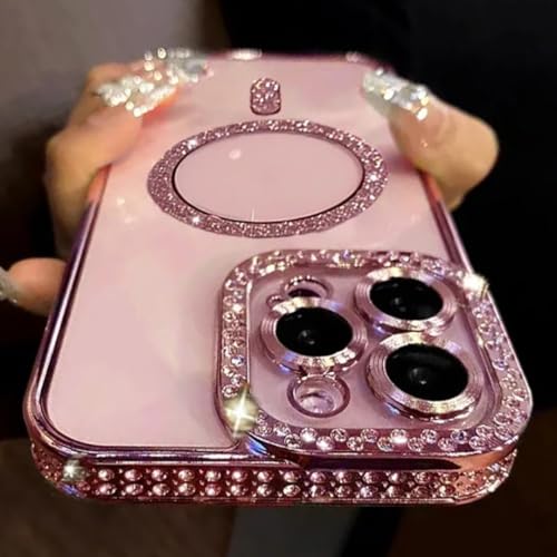 Coque iPhone 17 rose transparente avec strass brillants et induction