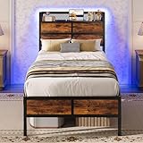 IRONCK Bett 90x200 cm, Bettgestell 90x200 mit LED Beleuchtung & Ladestation(2 Steckdosen, 1 USB & 1 Typ-C-Anschluss), Metallbett, Einzelbett mit Lattenrost, Unterbett Stauraum, Einfacher Aufbau