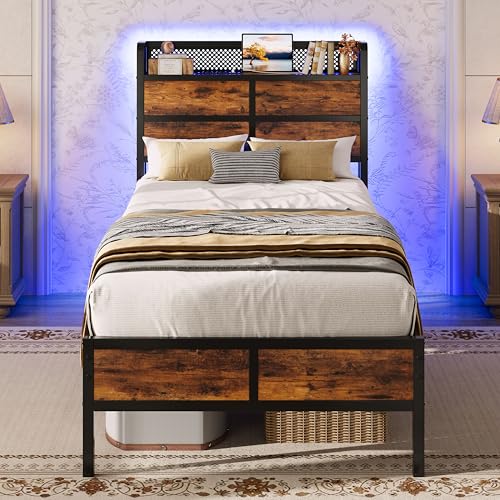 IRONCK Bett 90x200 cm, Bettgestell 90x200 mit LED Beleuchtung & Ladestation(2 Steckdosen, 1 USB & 1 Typ-C-Anschluss), Metallbett, Einzelbett mit Lattenrost, Unterbett Stauraum, Einfacher Aufbau