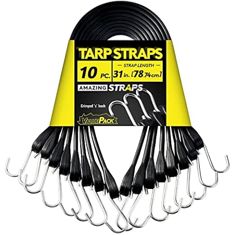 31'' Rubber Bungee Cords Heavy Duty Outdoor with 55.8" Max Stretch & Over 176 lbs Load, 100% EPDM Black Bungee Straps with Crimped S Hooks for Cargo, Tarps, Truck, Motorcycle, Weatherproof (10 Pack) Cover
