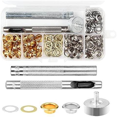 100 Sets Grommets Eyelets Kit, Grommets and Washers with 3 Pieces Install Tools, Metal Grommets Kit for Clothes Hats Shoes Leather Bags and DIY Crafts (6MM, Gold+Silver) Cover