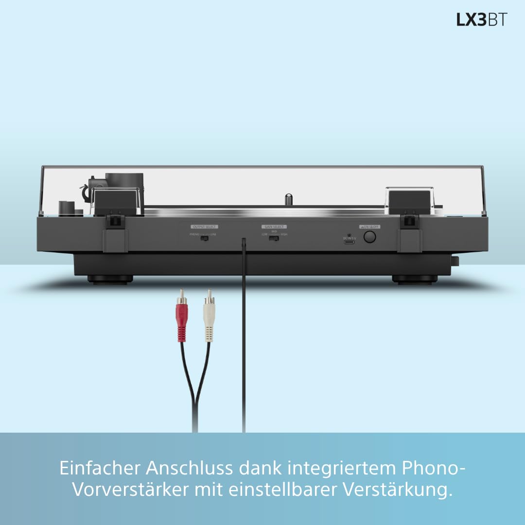 Sony PS-LX3BT kabelloser Bluetooth-Plattenspieler mit vollautomatischer Wiedergabe, Hi-Res Audio, Riemenantrieb, integriertem Phono-Vorverstärker, 2 Geschwindigkeiten und Staubschutzhaube – Schwarz