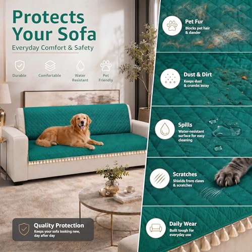 Image of Lukzer Quilted Sofa Cover Mat with Tassels for 2 Seater Sofa - Forest Green | Soft Washable Anti-Slip Protector for Living Room | Furniture Cover for Back-Seat Slipcover 120X150CM / SC-200-2T