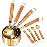 Measuring Cups and Spoons Set of 8 Piece,Gold Measuring Cups with Hanging Chain and Wood Handle, Dry