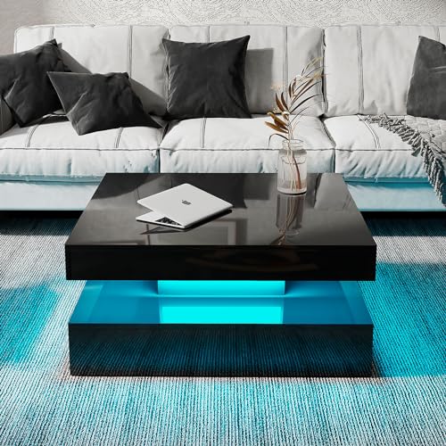 KEEPREAPER Black Glossy Square Coffee Table for Living Room, Modern Coffee Tables with Storage, LED Light Coffee Table 2-Tier Square Middle Center Table,Contemporary Wood Tea Tables for Dining ﻿