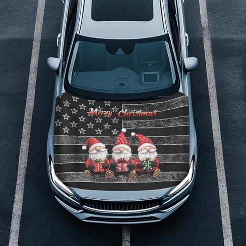 Image of American Flag Christmas Car Hood Cover Polyester Elastic Fabrics Washable Suitable for Large SUV and Pickup Trucks 39x59in