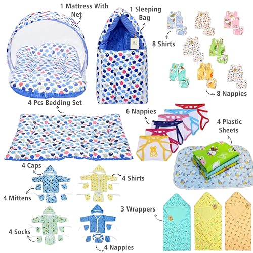 Image of Infantbond 56 In 1 Baby Products All New Born Combo|Gift Set|Essentials|Hospital Kit|Clothes|Maternity Essentials|Infant Essentials|Complete Daily Items Combo(0-6 Months) (Apple) (Blue For Baby Boy)