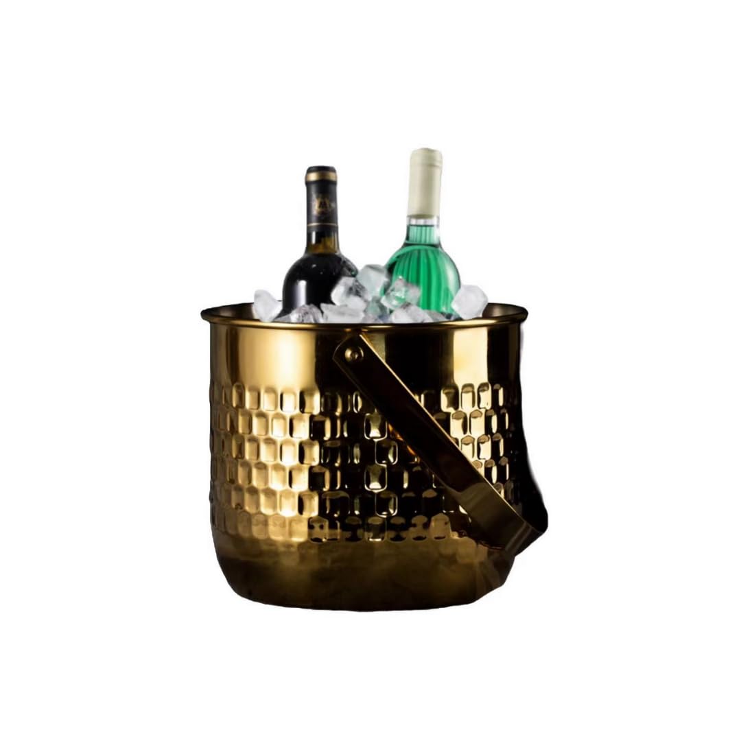 Cubeta de hielo Cubo de acero inoxidable, cubos de hielo for fiestas, cubo de hielo comercial con aislamiento térmico de doble capa for KTV, champán, vino tinto, cerveza, hielo en grano(Gold)