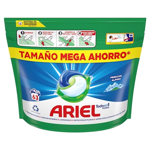 ARIEL PODS Todo en 1 Detergente Líquido Para Lavadora Cápsulas 63 Lavados, Frescor De Los Alpes, Increíble poder quitamanchas desde el primer lavado, incluso en frío