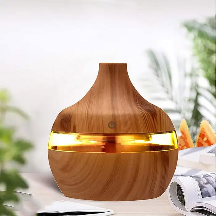 mobigon Wood Cool Mist Ultrasonic Humidifier for Room Moisture, Aroma Diffuser for Home, 300ml Essential Oil Diffuser with 7 Colorful Night Light, Auto Shut-Off, Home, Office, car (D.Light Brown)
