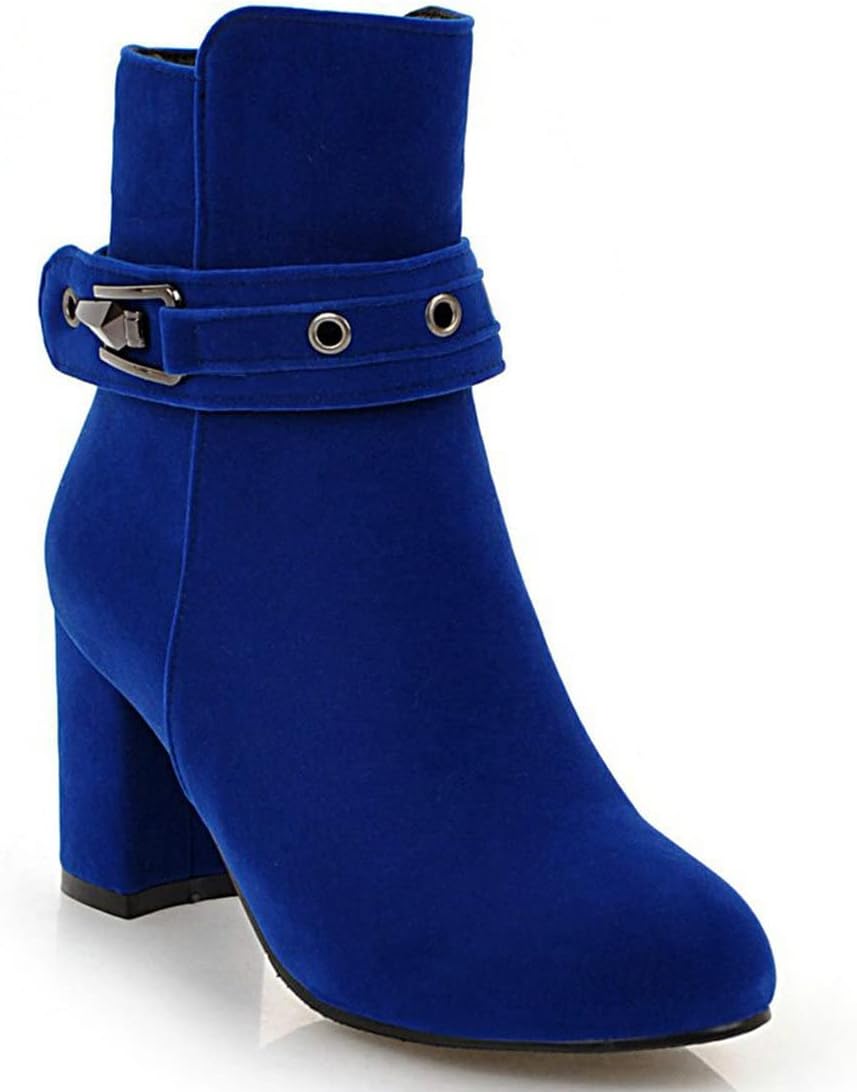 UniqueStride Womens Chunky Heels Ankle Boots Block High Heel Buckle Zipper Faux Suede Ankle Booties(royal blue,US size 4.5)