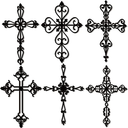 Soaoo 6 Pcs Wooden Wall Hanging Cross Religious Antique Hand Carved Wall Crosses Decor for Home Decor Decorative Cross Catholic Crucifix for Living Room, 12 x 8 Inch