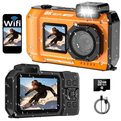 SPUNALP UHD 8K Underwater Camera, 70MP 33FT WiFi Waterproof Digital Camera with 32GB Card, Auto Focus Waterproof Dual-Screen Selfie 2500mAh Battery, 18X Floatable Digital for Snorkeling, Orange