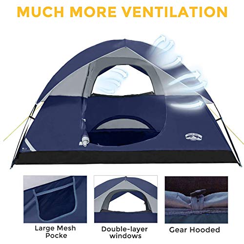 Pacific Pass Camping Tent 4 Person Family Dome Tent with Removable Rain Fly, Easy Set Up for Camp Backpacking Hiking Outdoor,Navy Blue