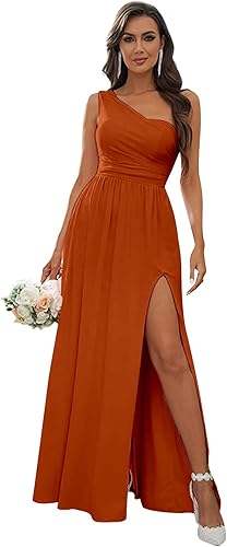 Ufashion Vestido de dama de honor de gasa con un hombro con abertura fruncida, vestidos formales largos y vestidos de noche