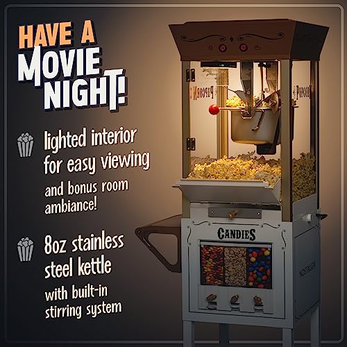 Vintage 8 Ounce Professional Popcorn and Dispensing Cart, Makes Up to 32 Cups, Three Storage Dispensers for Kernels, Candy, Nuts, Chocolate, Measuring Spoons and -Scoop Included