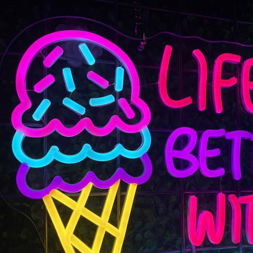 Image of Ice Cream Neon Sign Wall Decor Custom Dimmable LED Light for Shop USB Powered Ice Cream Bar Food Shop Neon Art Party Neon Sign Decor 12.6x15.9 inch
