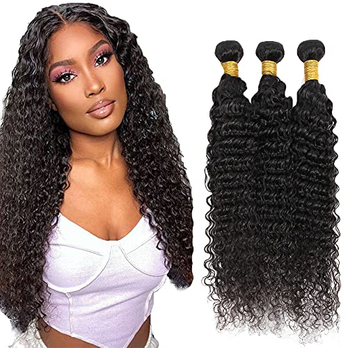 NiegMeag 14 16 18 Inch Deep Wave Bundles Human Hair 100% Unprocessed Brazilian Virgin Hair Bundles Deep Curly Human Hair Extensions Natural Color for Black Women