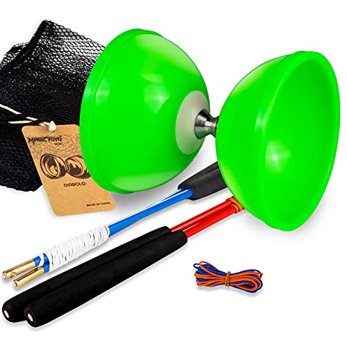 Image of MAGICYOYOPro Triple Bearing Green Diabolo Medium Size 5 inch Chinese Yoyo Toy with 2 Pair Carbon Sticks+ 2 Extra Strings +1 Net Bag, High Performance Chinese Yoyo Diabolo Skill Toy