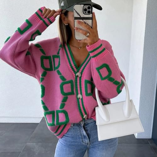 Image of Autumn Winter Style Woman Blouse Knitted Cardigan Slim Fitting Long Sleeved V-Neck Printed Cardigan Jacket Sweater