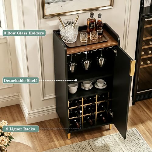 Image of ARTPOWER Mini Bar Cabinet for Apartment, Fluted Wine Bar Cart with Wine Racks & Wine Glass Holder, Modern Corner Liquor Cabinet for Living Room, Dining Room, Kitchen(Black)-2PCS