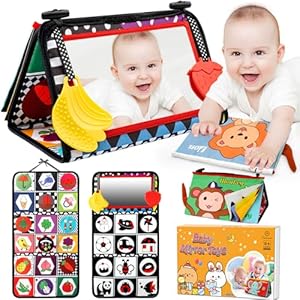 Tummy Time Toys, Baby Toys 0-6 Months with Crinkle Book and Teethers, 6-12 Months Infant Mirror Toys High Contrast Baby Gift Toys for Newborn Brain Development, Montessori Sensory Toy
