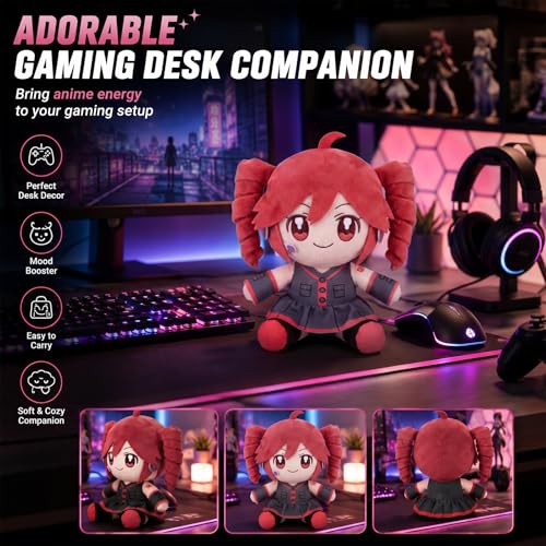 Image of Collectible Pink Drill Twin Tail Girl Plush 22cm, Cute Anime Plush Character with 3D Twin-Drill Hair, Red and Black Outfit Figure Stuffed, Soft Anime Plushie Pillow Gift for Fans & Collectors