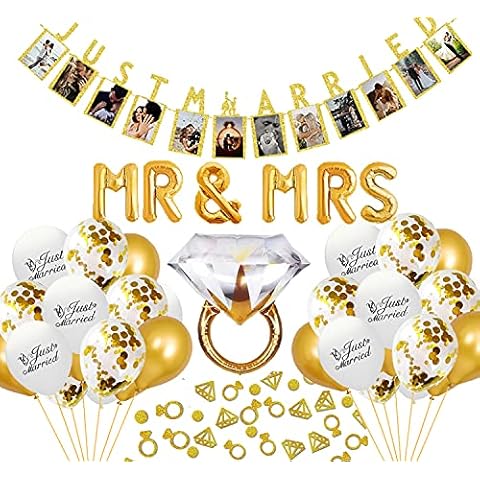 Gold Wedding Decoration Set, Just Married Balloons Garland, MR & MRS Banners, Confetti Balloons and Cake Topper Cover