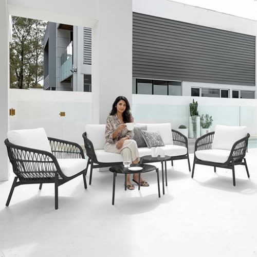 Image of BRISHI Outdoor 4 Seater Sofa Set | Balcony Sofa | Patio Furniture Sets | Conversation Sets | Braid & Rope Garden Sofa Set (Black- White)