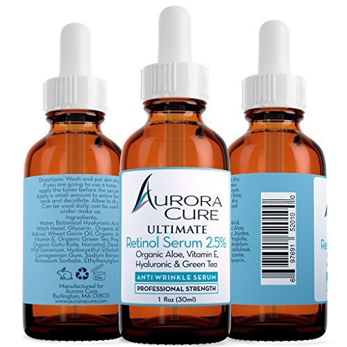 Aurora Cure RETINOL 2.5% Serum WRINKLE ERASER, Professional Strength Anti Aging Formula With Organic Aloe, Hyaluronic Acid, Vitamin E and Green Tea