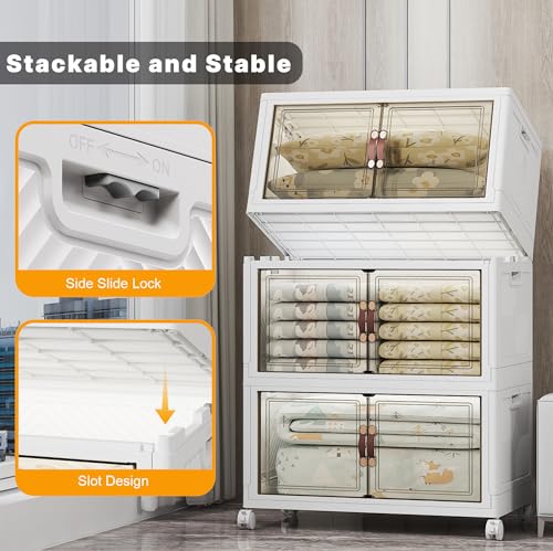 Image of UAMFURI 504QT Lockable Plastic Storage Bins, 3 Pack Collapsible Cabinets | Stackable Organizer with Doors & Wheels, Foldable Containers for Bedroom, Dorm, Office & Garage Storage