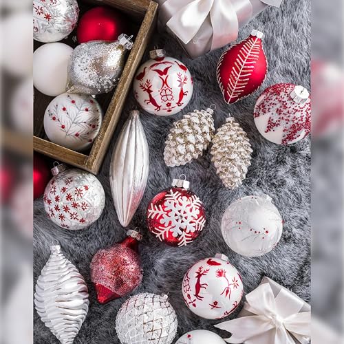 Balsam Hill Nordic Frost Ornaments - Vintage Glass Ball Christmas Ornaments with Beading & Glitter in White, Silver & Red for Holiday Decor